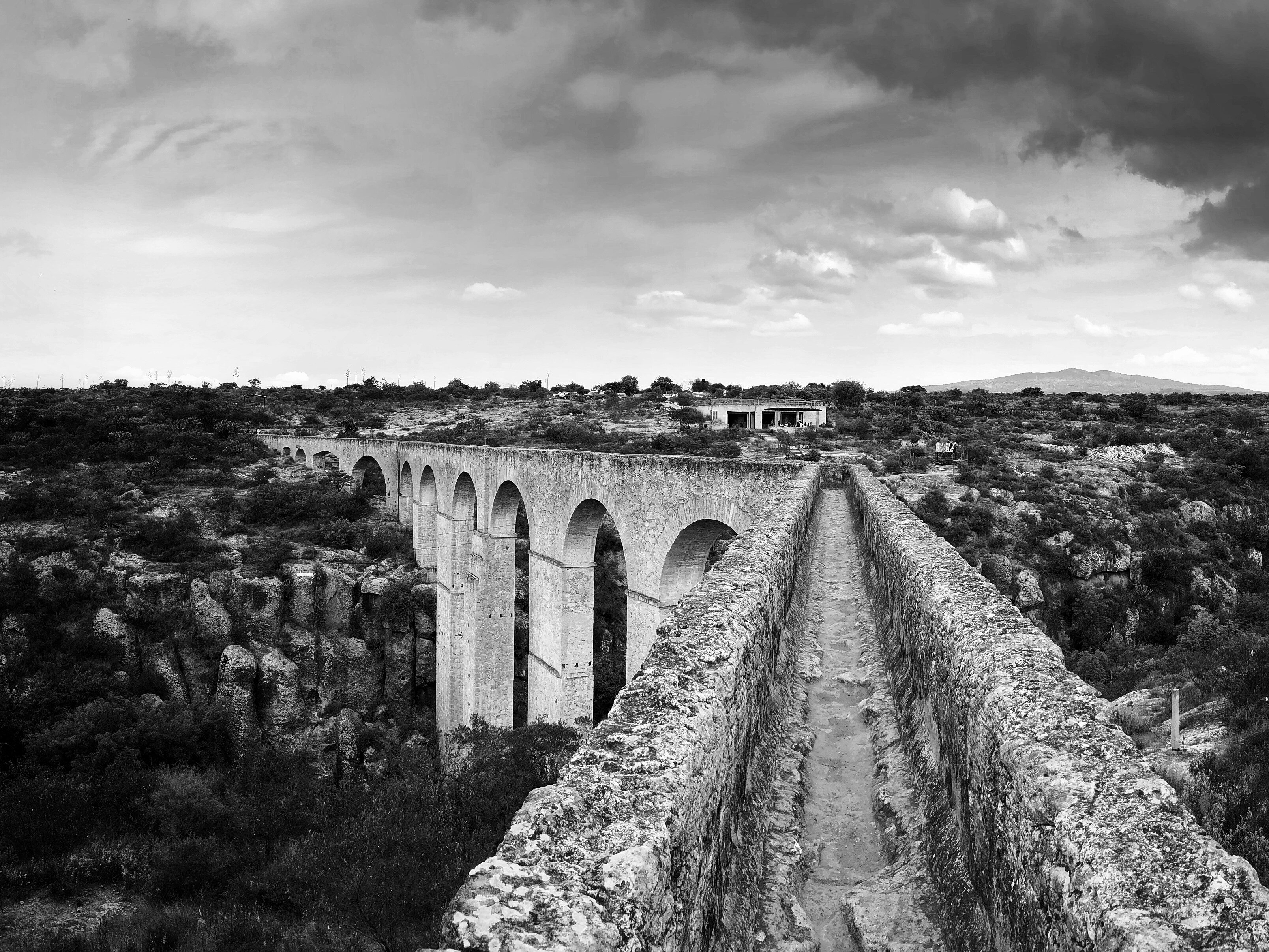 black and white image of Querétaro, Mexico bridge